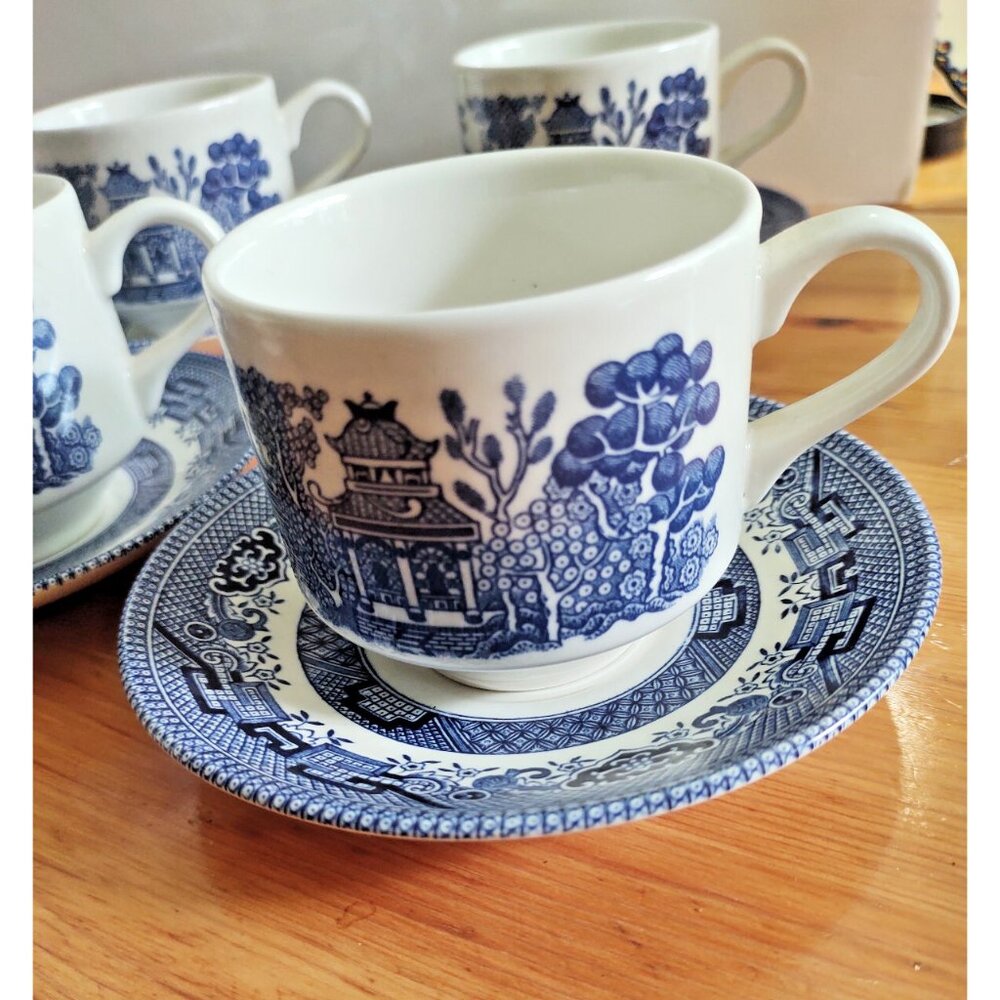 Blue Willow Porcelain Teacup and Saucer sets(4) Churchill England
